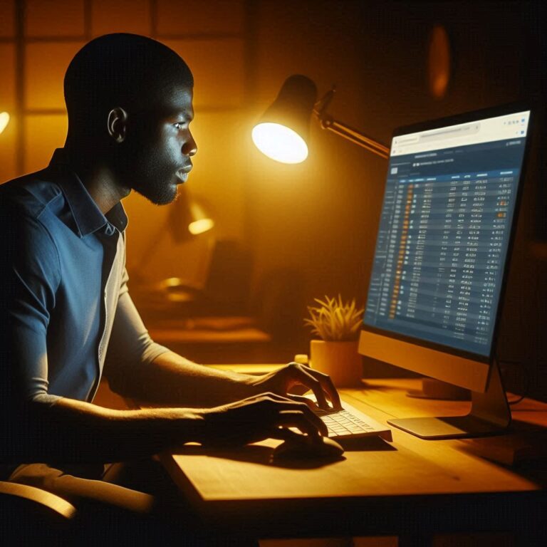 A digital marketer sitting in front of a computer looking at the salary report.